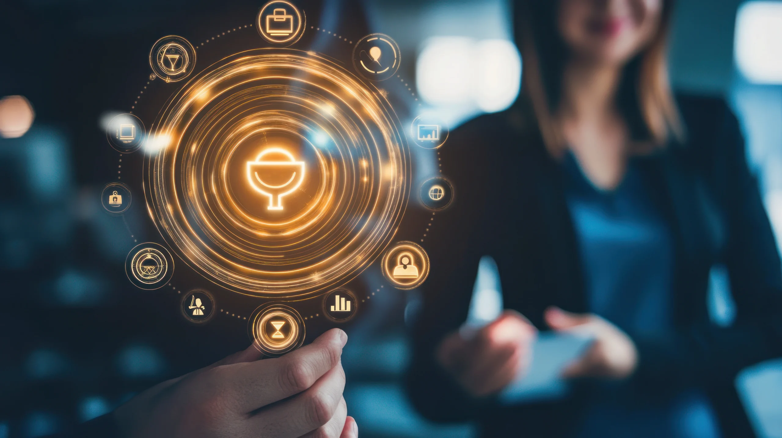 businesswoman-holding-holographic-business-icon